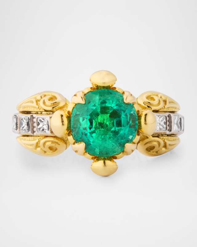 18K Yellow Gold Diamond and Emerald Statement Ring